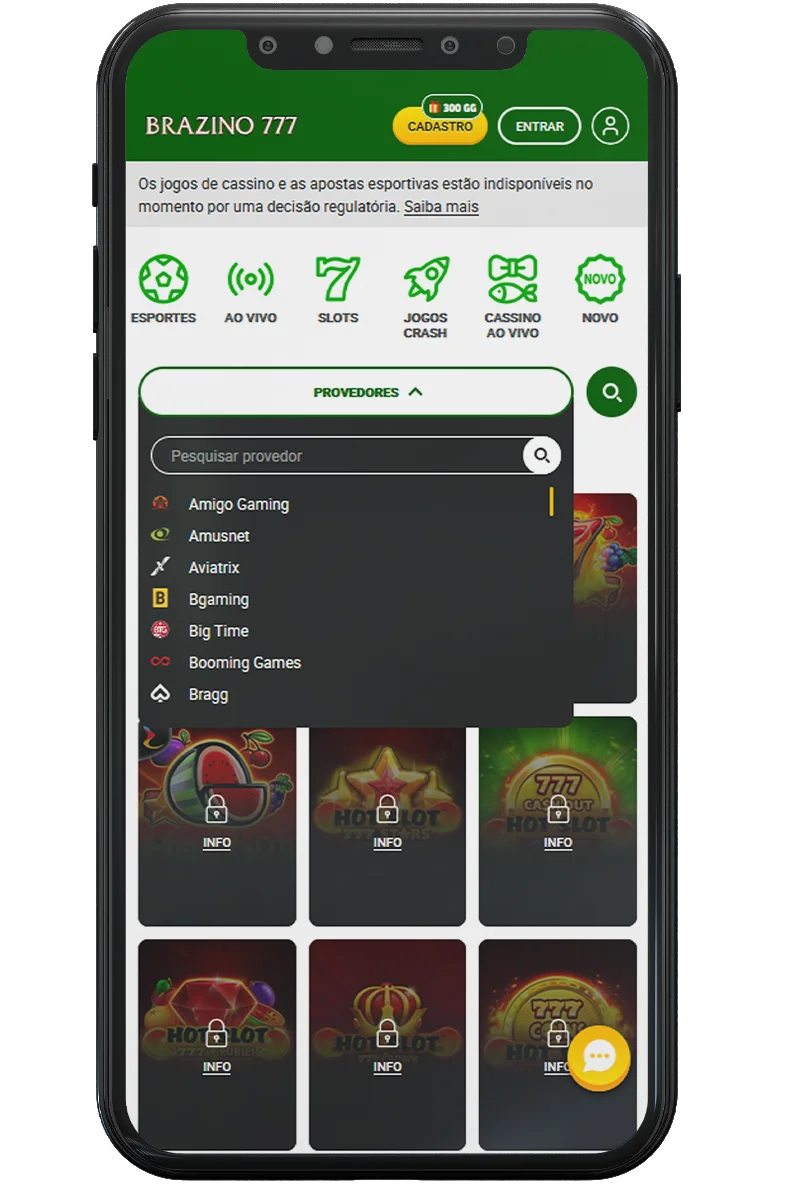 Captura de tela de um cassino online em um celular